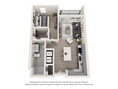 Floor plan for 1 bed, 1 bath, 692 sqft